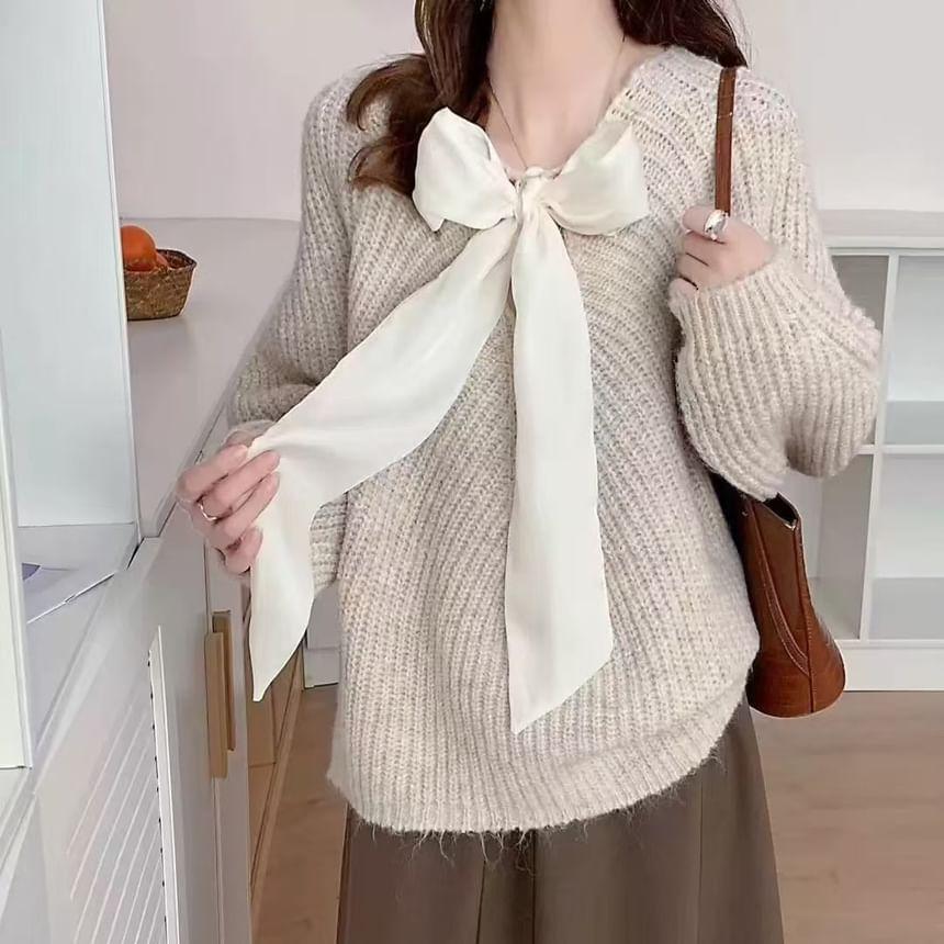 V-Neck Plain Bow Sweater Product Image