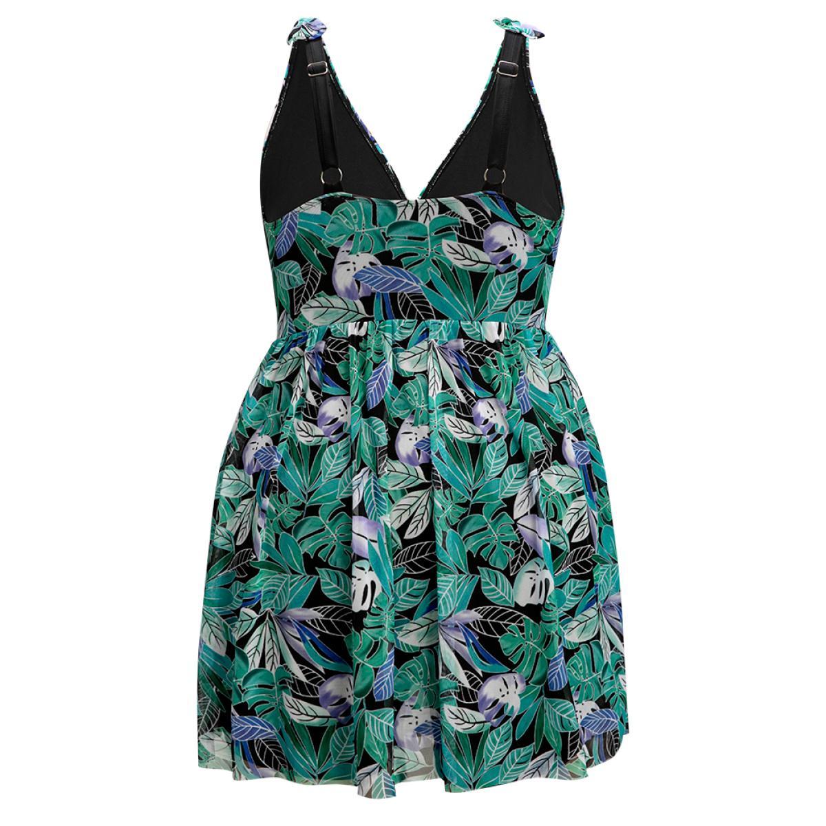 Plus Size Tropical Print Bow Sculpt Waist Split Swim Dress Women's Swimwear BlackFlower Vacation Bodycon V-neck High stretch Curve Swim Dresses BloomChic 30/6X Product Image