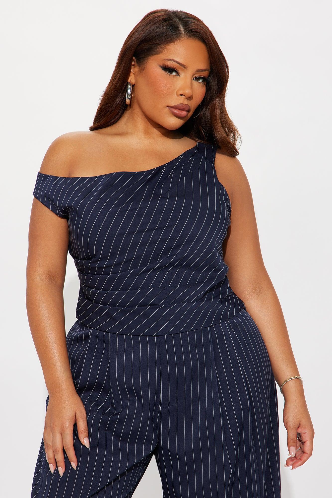All Business Pinstripe One Shoulder Pant Set - Navy Product Image