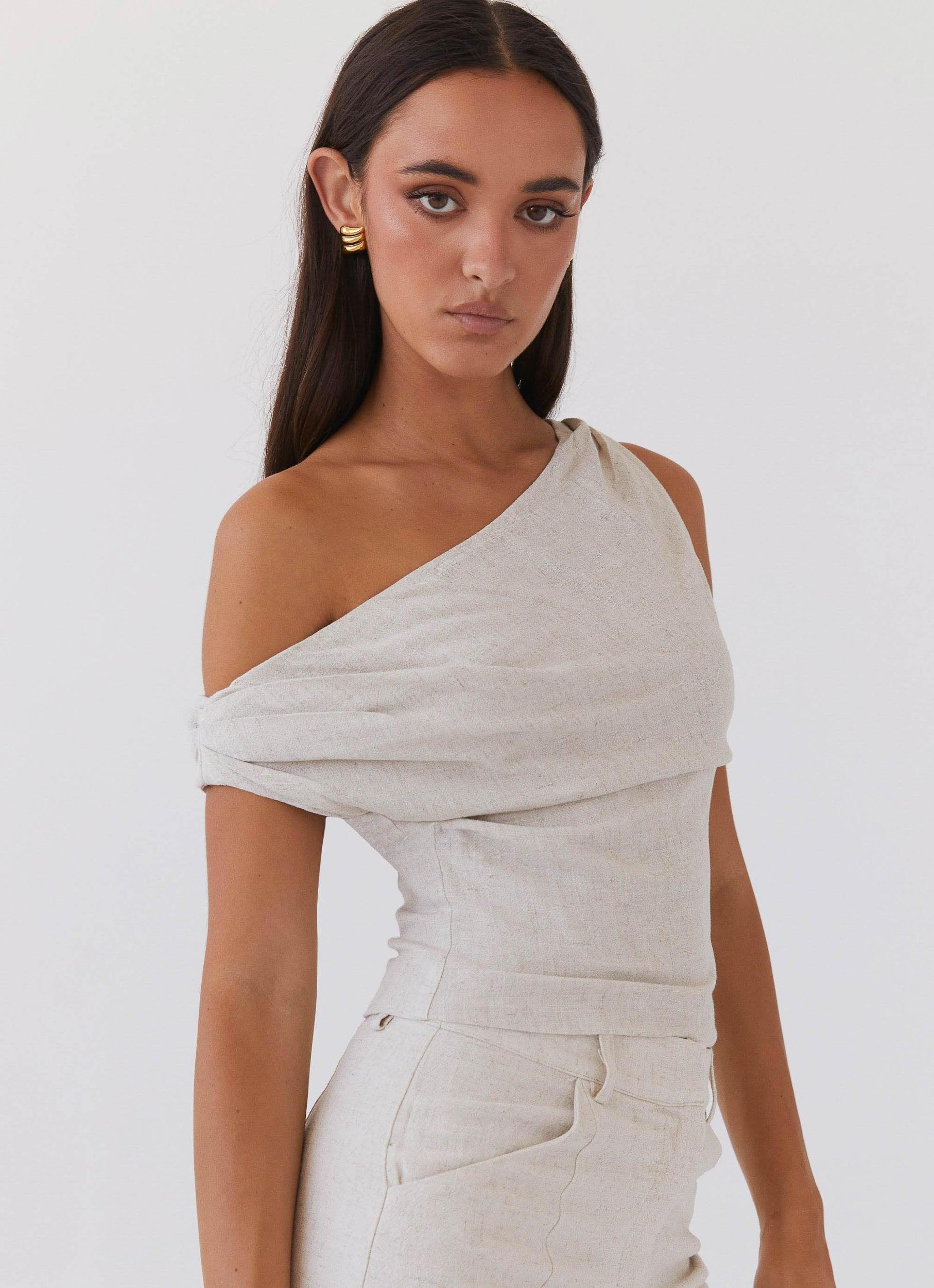 Marissa Linen One Shoulder Top - Oatmeal Product Image