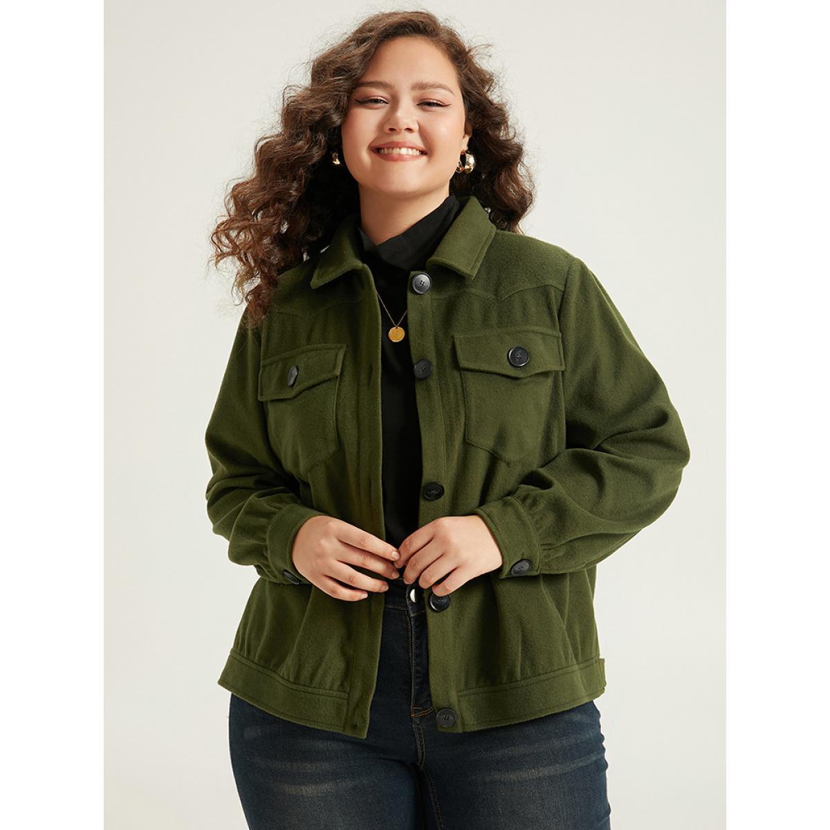 Plus Size Plain Pocket Button Up Shacket Women ArmyGreen Plain Pocket Everyday Jackets BloomChic 22-24/3X Product Image