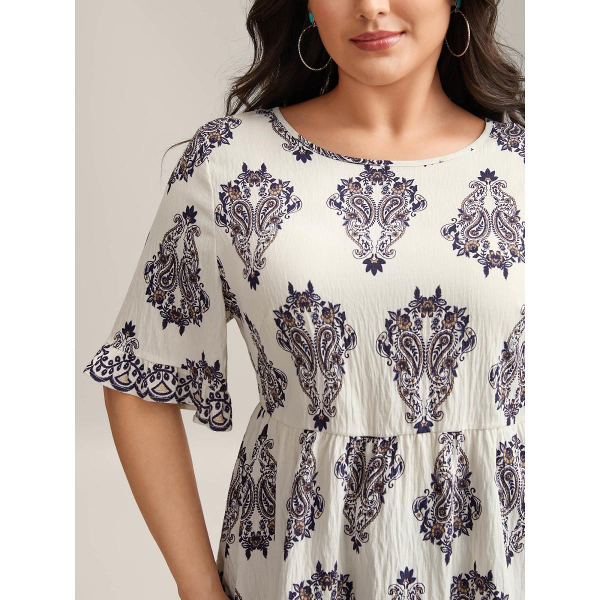 Plus Size Indigo Paisley Print Lotus Leaf Cuffs Blouse Women Short sleeve Round Neck Vacation Blouses BloomChic 12/L Product Image