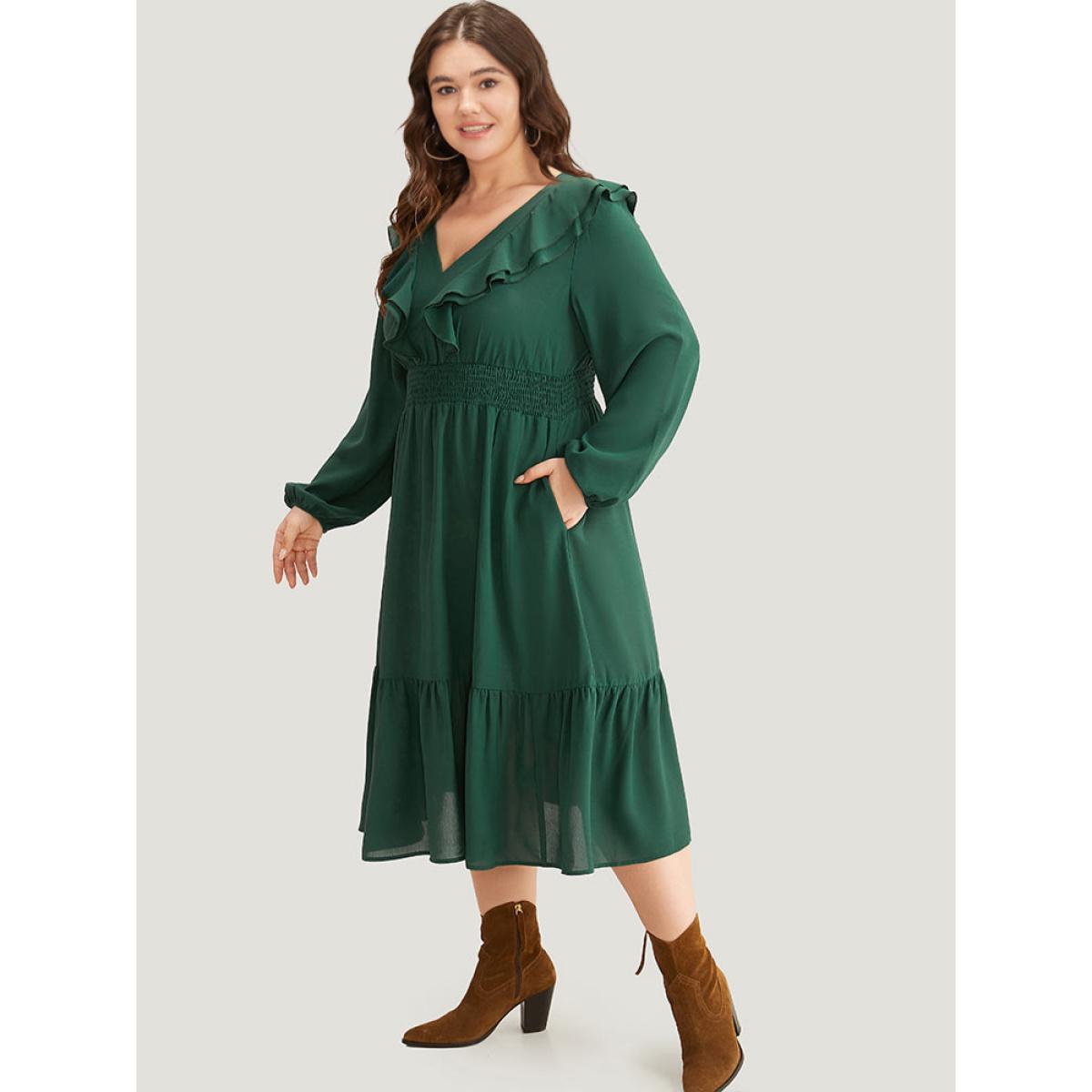 Plus Size Solid Shirred Ruffle Trim Pleated Dress DarkGreen Women Vacation Elastic cuffs V-neck Long Sleeve Curvy Midi Dress BloomChic 30/6X Product Image