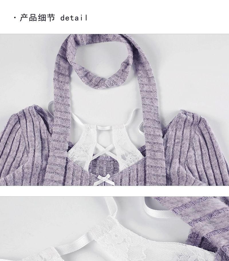Long Sleeve Scoop Neck Bow Mock Two Piece Ribbed Panel Lace Top Product Image
