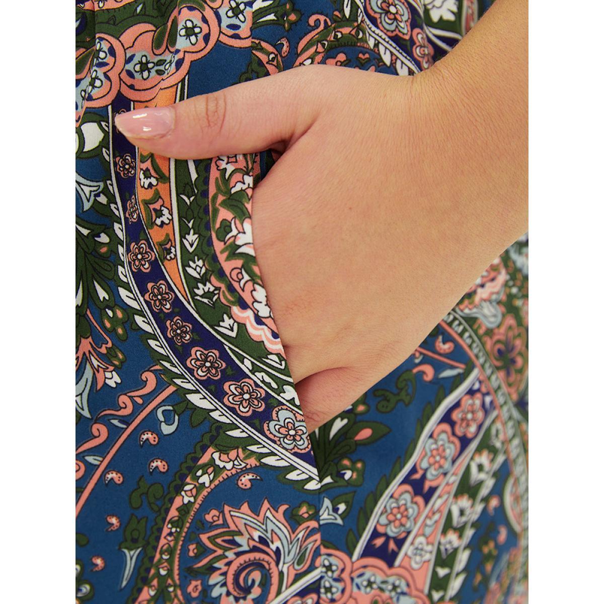 Plus Size Paisley Print Shirred Pocket Elastic Waist Pants Women Indigo Elegant High Rise Dailywear Pants BloomChic 18-20/2X Product Image