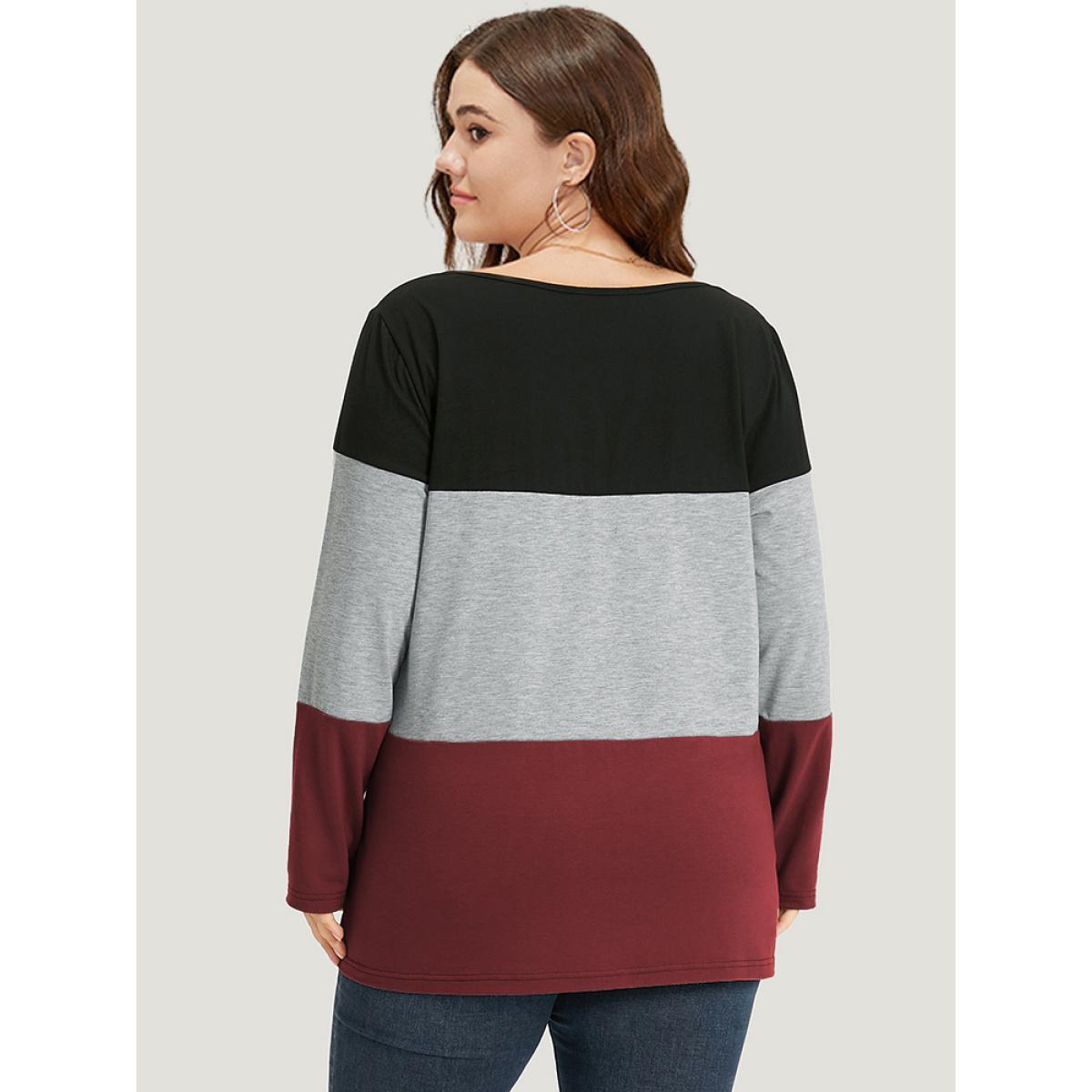Plus Size Colorblock Contrast Notched Long Sleeve T-shirt Red Women Casual Contrast Plain Notched collar Dailywear T-shirts BloomChic 12/L Product Image