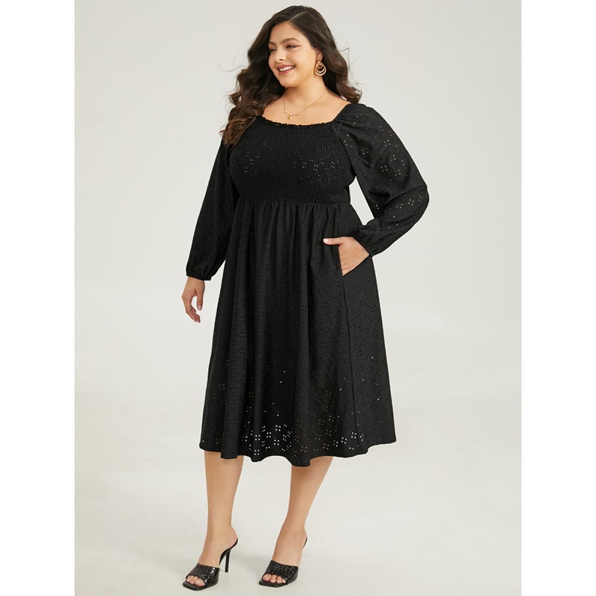 Plus Size Plain Square Neck Laser Cut Lantern Sleeve Dress Black Women Elegant Elastic cuffs Square Neck Long Sleeve Curvy Midi Dress BloomChic 18-20/2X Product Image