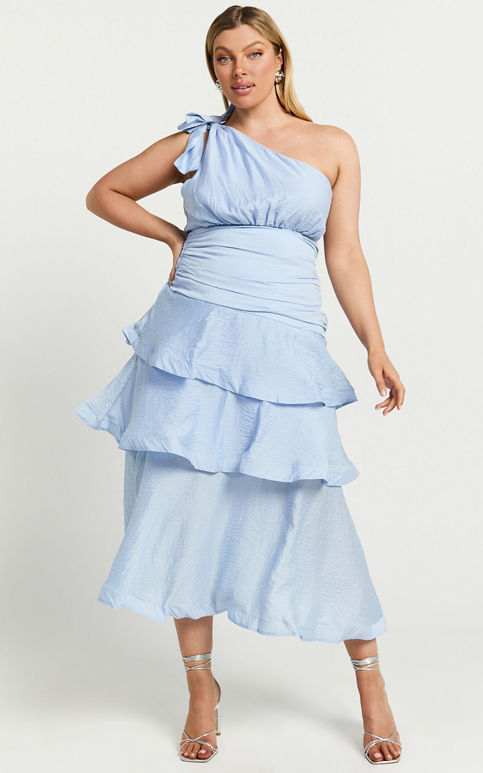 Eugenia Midi Dress - One Shoulder Fit and Flare Layered Dress in Pale Blue Product Image