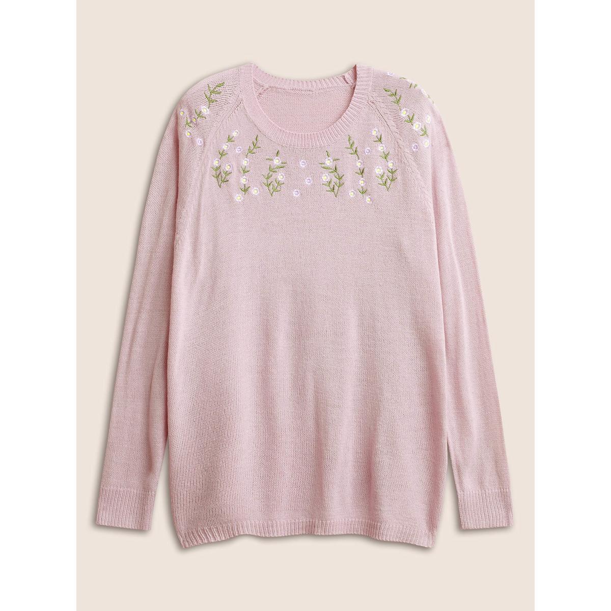 Plus Size Floral Embroidered Crew Neck Raglan Sleeve Pullover Lilac Women Elegant Long Sleeve Round Neck Everyday Pullovers BloomChic 30/6X Product Image