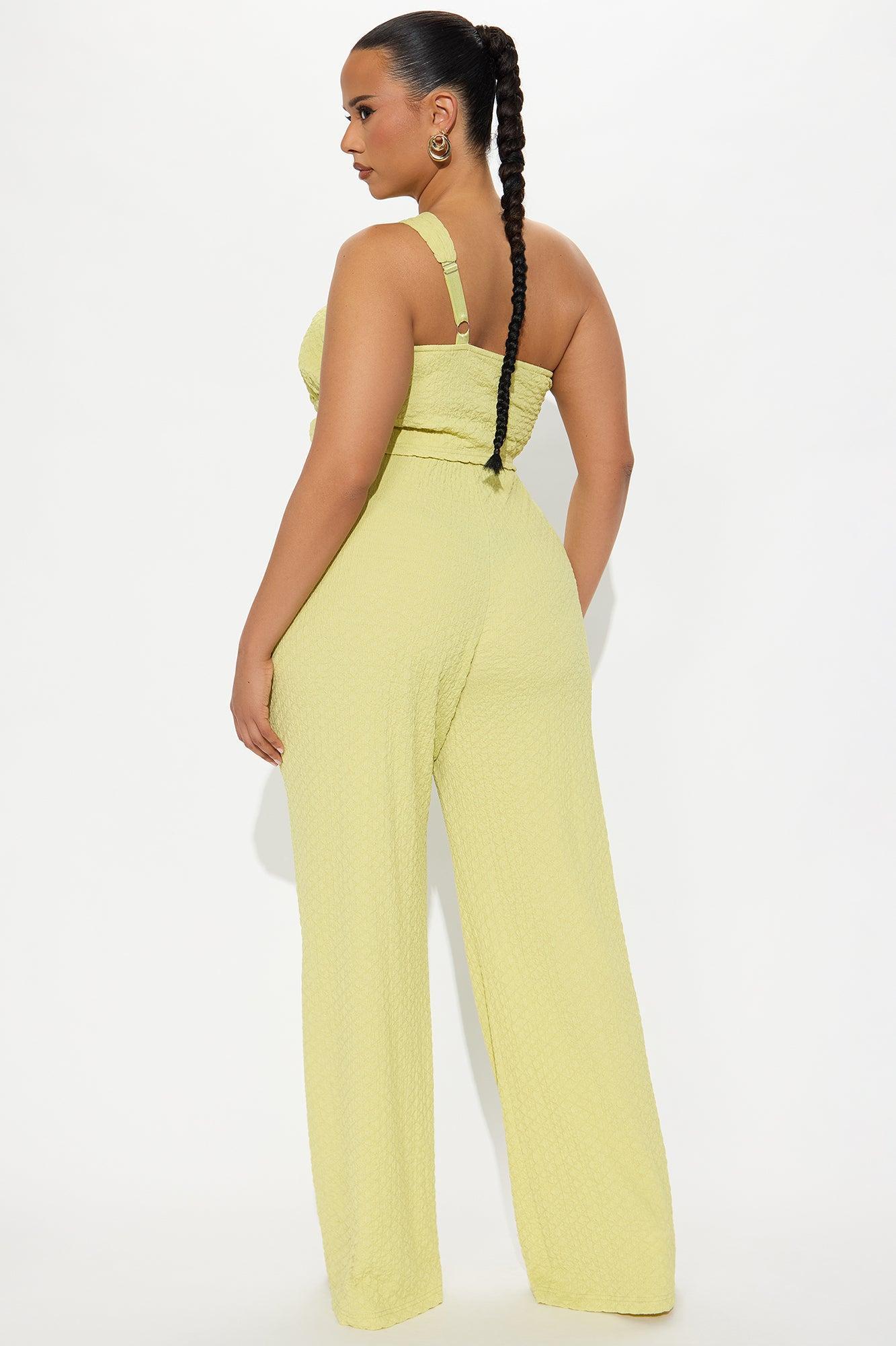 Aza One Shoulder Textured Flare Pant Set - Chartreuse Product Image