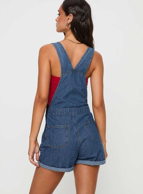 Kacey Short Overalls Mid Blue Pinstripe Product Image
