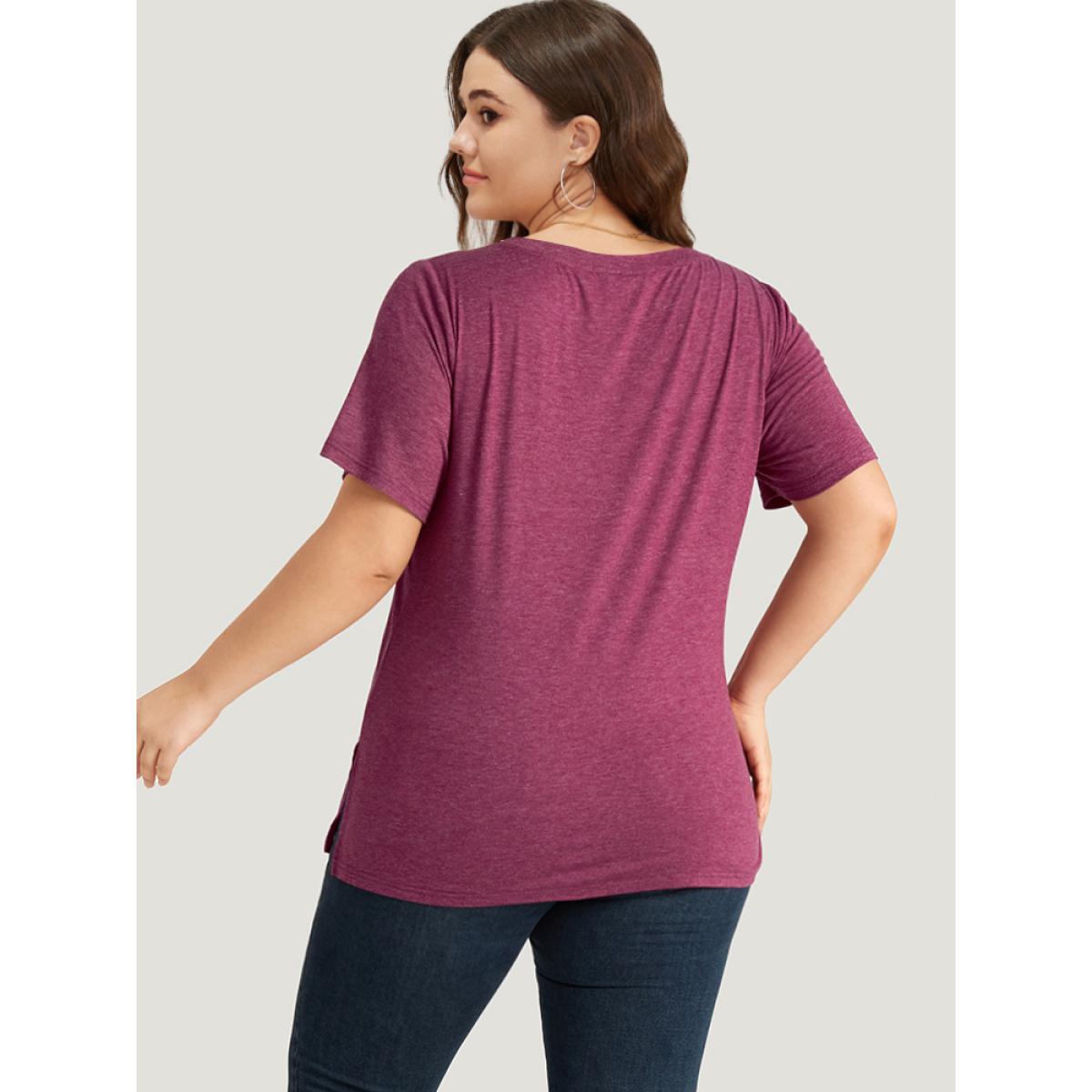Plus Size Solid Heart Rhinestone V Neck T-shirt RedViolet Women Casual Plain Heart Print Dailywear T-shirts BloomChic 18-20/2X Product Image
