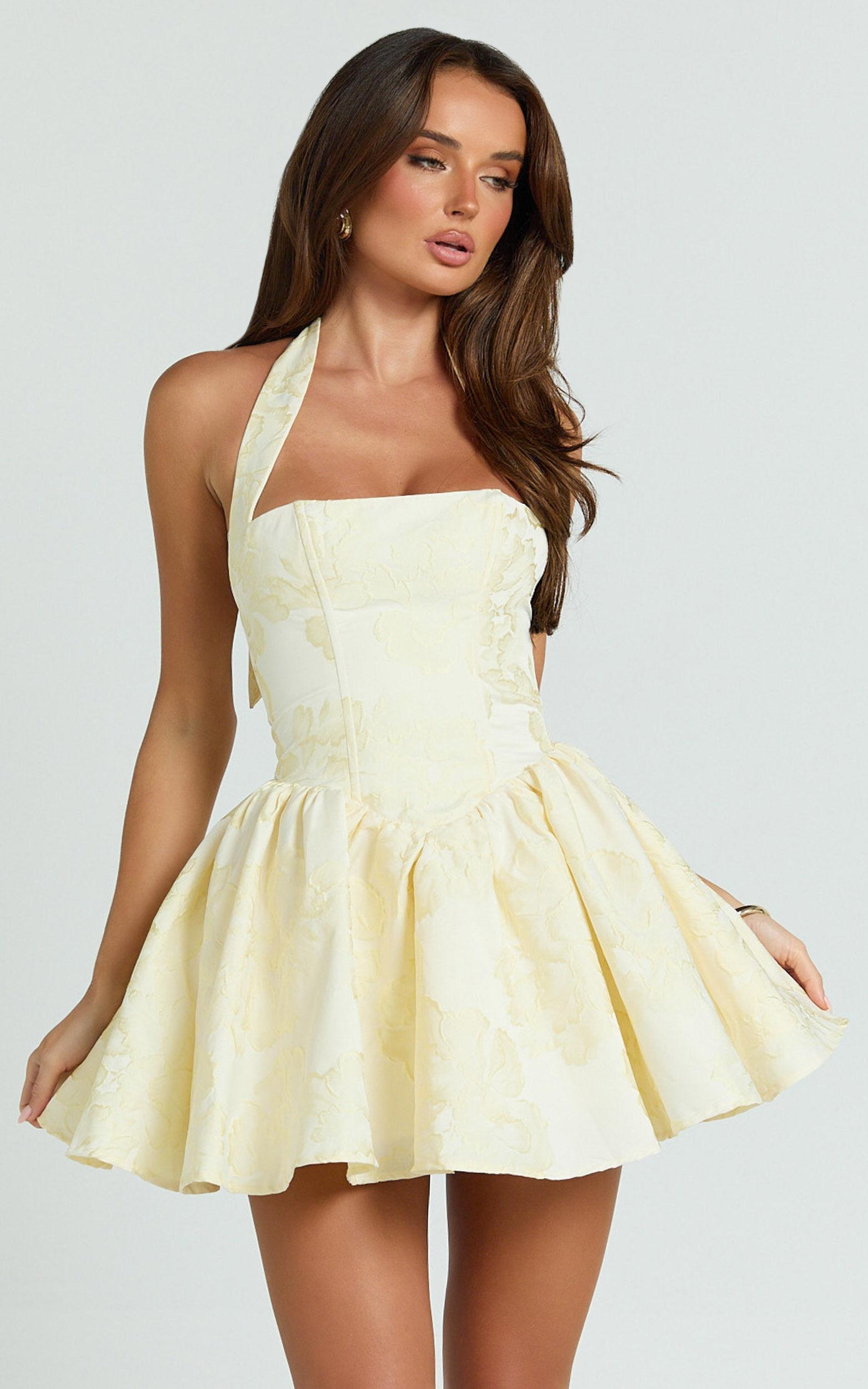 Maddy Mini Dress - Square Neck Halter Fit And Flare Dress in Lemon Product Image