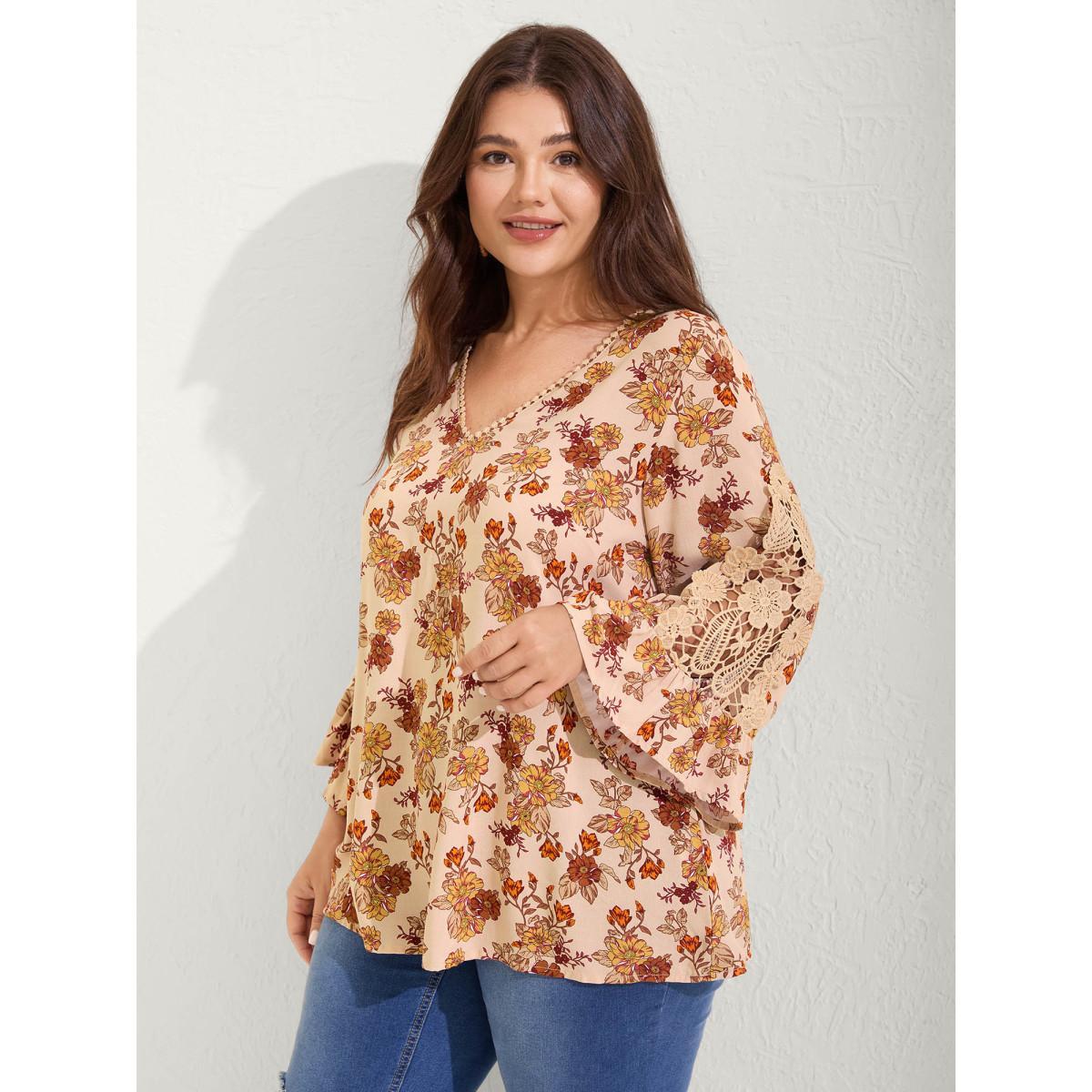Plus Size Multicolor Floral Print Lace V-Neck Blouse Women Three Quater Length Sleeve V-neck Vacation Blouses BloomChic 14-16/1X Product Image