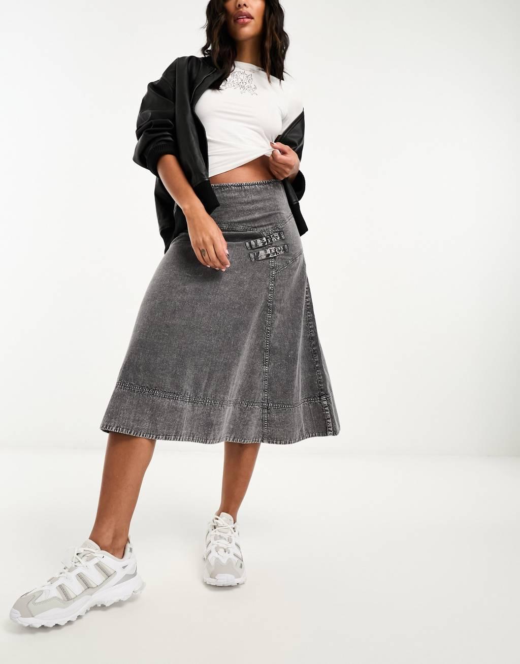 Reclaimed Vintage wash twill skirt with buckle detail-Blue Product Image