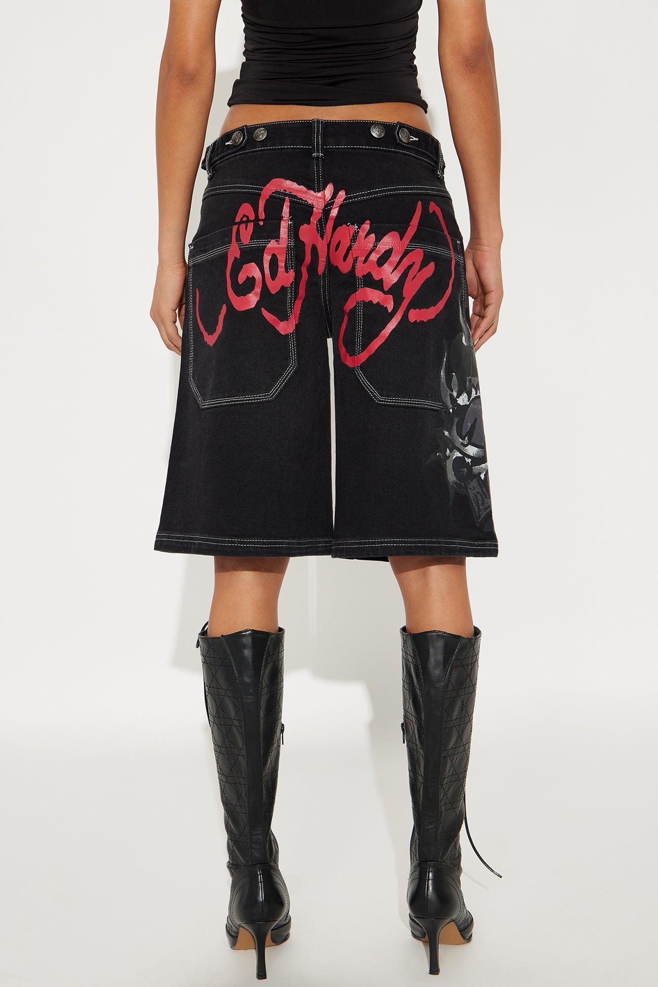 Ed Hardy Sacred Heart Baggy Denim Jorts - Black Product Image