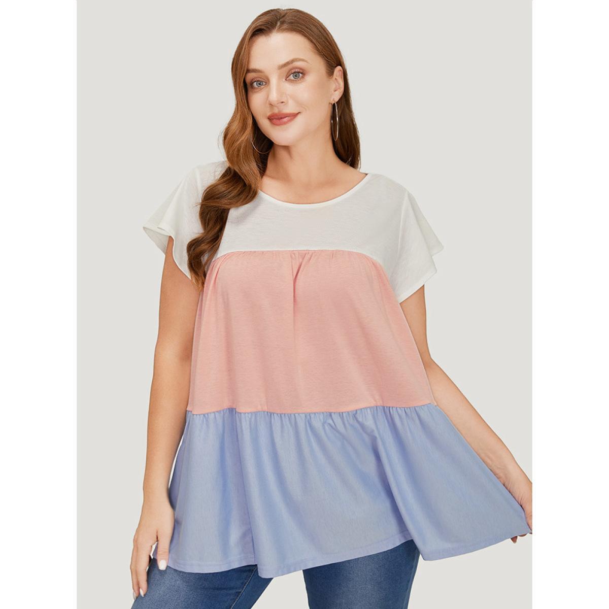Plus Size Color Block Contrast Cap Sleeve Tank Top Women Multicolor Casual Gathered Round Neck Dailywear Tank Tops Camis BloomChic 26/4X Product Image