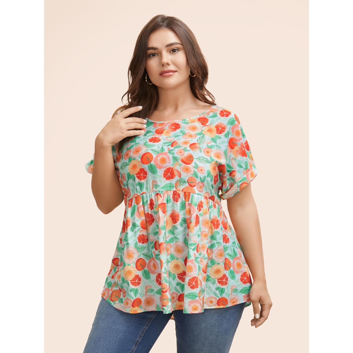 Plus Size Azure Fruit Print Curved Hem Batwing Sleeve Blouse Women Casual Cap Sleeve Round Neck Everyday Blouses BloomChic 10/M Product Image