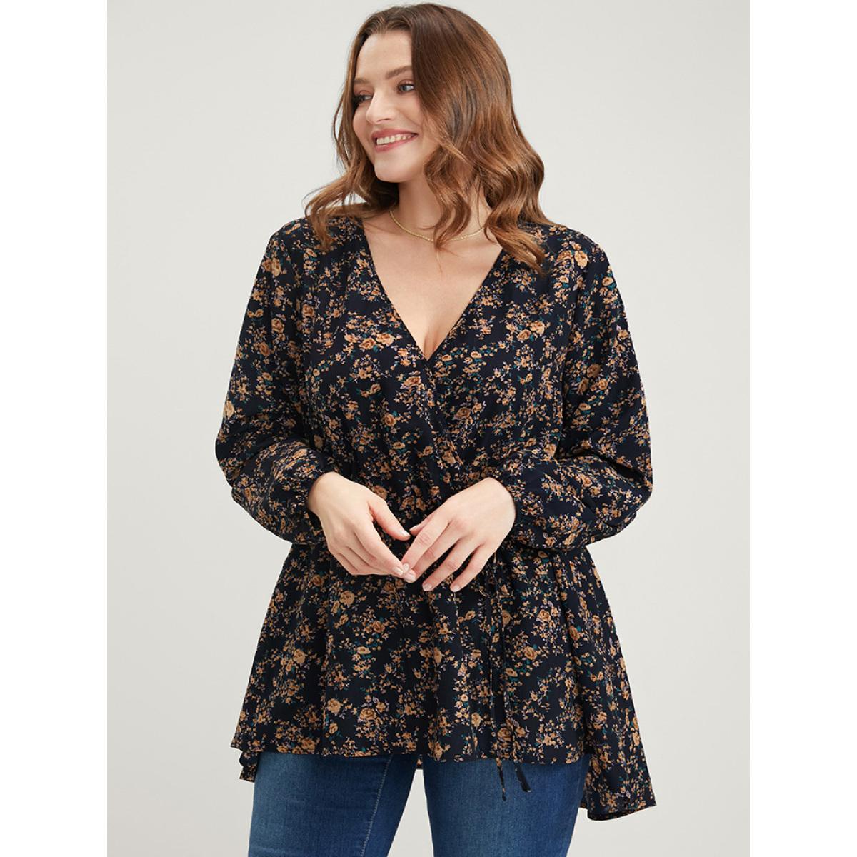 Plus Size Indigo Floral Wrap Lantern Sleeve High Low Hem Blouse Without Hat Women Elegant Long Sleeve V-neck Dailywear Blouses BloomChic 10/M Product Image