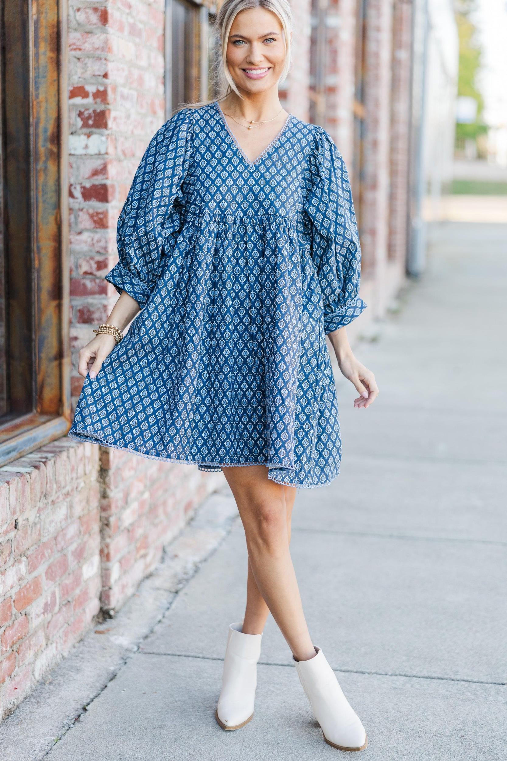 Moving Forward Denim Blue Medallion Dress Female Product Image