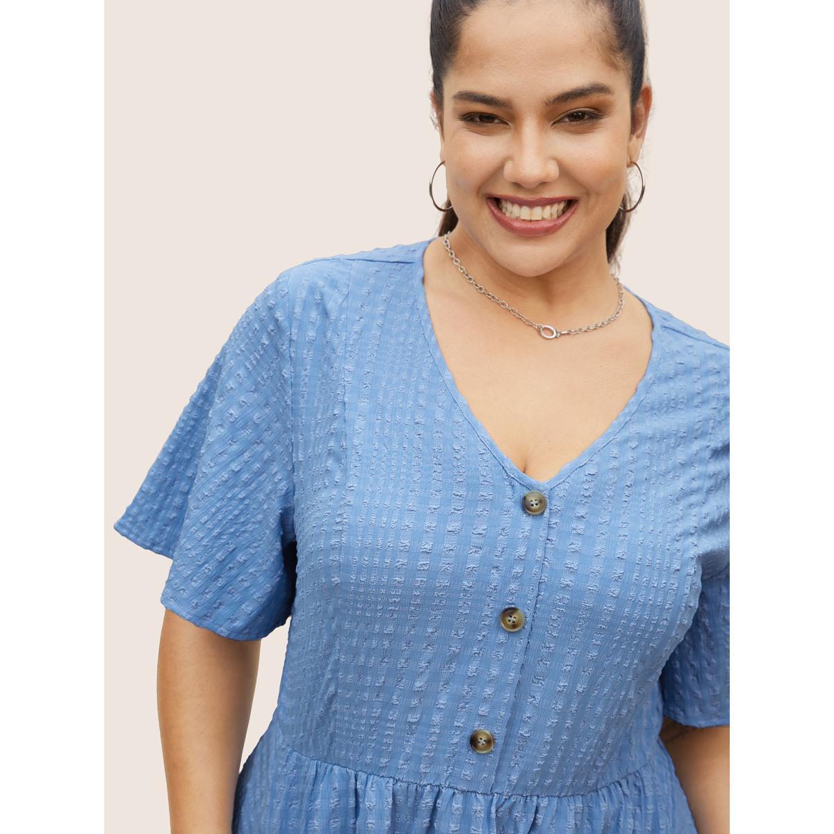 Plus Size Solid Textured Jacquard Pocket Dress Cerulean Women Casual Texture V-neck Short sleeve Curvy BloomChic 30/6X Product Image