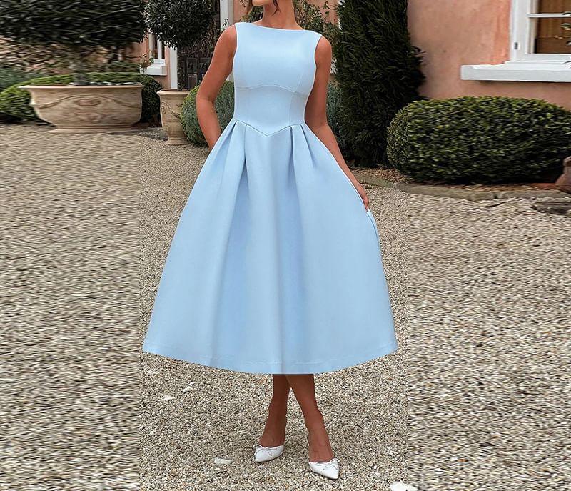 Sleeveless Round Neck Plain A-Line Midi Dress Product Image