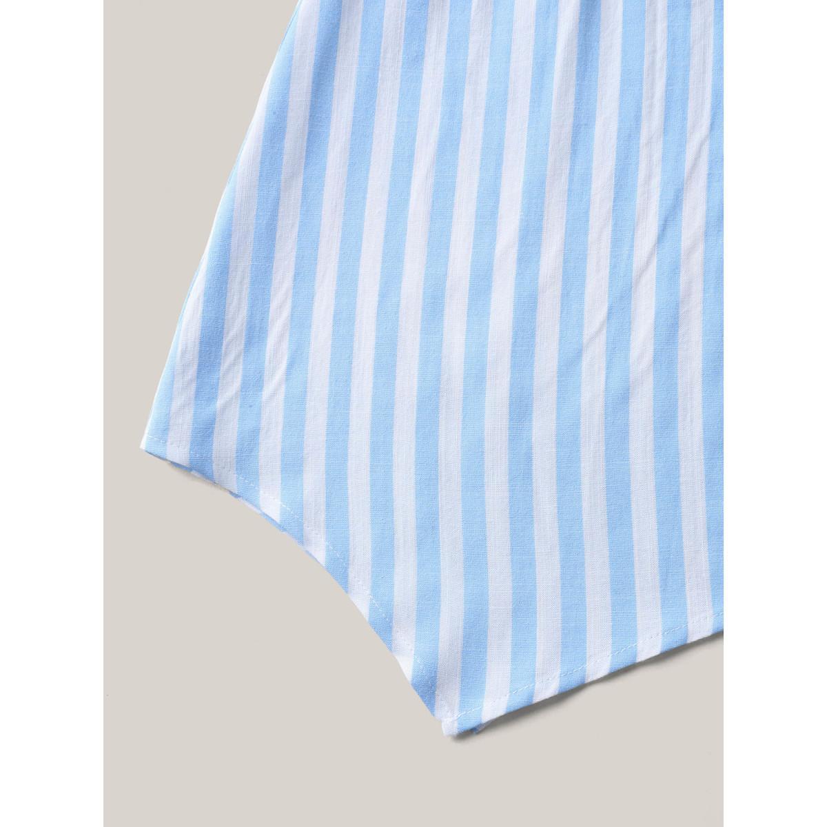 Plus Size LightBlue Cotton Linen Blend Striped Tied Blouse Women Elbow-length sleeve Round Neck Everyday-Elegant Blouses BloomChic 14-16/1X Product Image