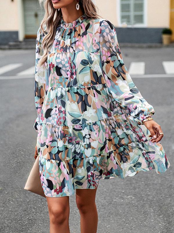 A-Line High Waisted Printed Split-Joint Tied Mock Neck Mini Dresses Product Image