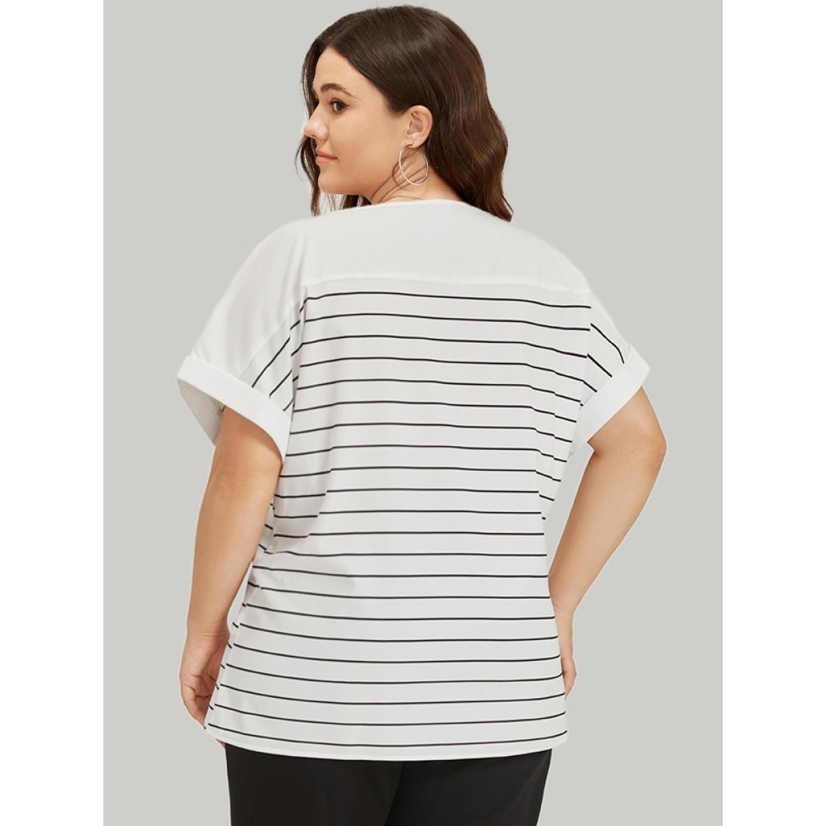 Plus Size White Striped Patchwork Roll Batwing Sleeve Blouse Women Office Short sleeve Round Neck Work Blouses BloomChic 12/L Product Image