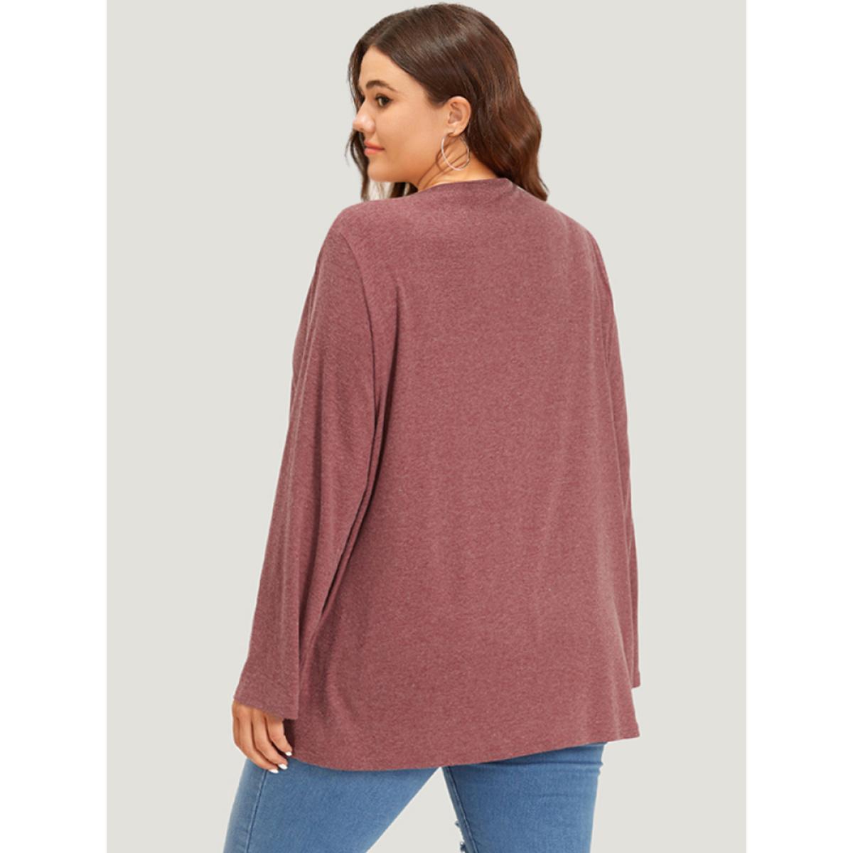 Plus Size Plain V Neck Button Up Tab Sleeve T-shirt Rust Women Casual Plain Plain V-neck Dailywear T-shirts BloomChic 10/M Product Image