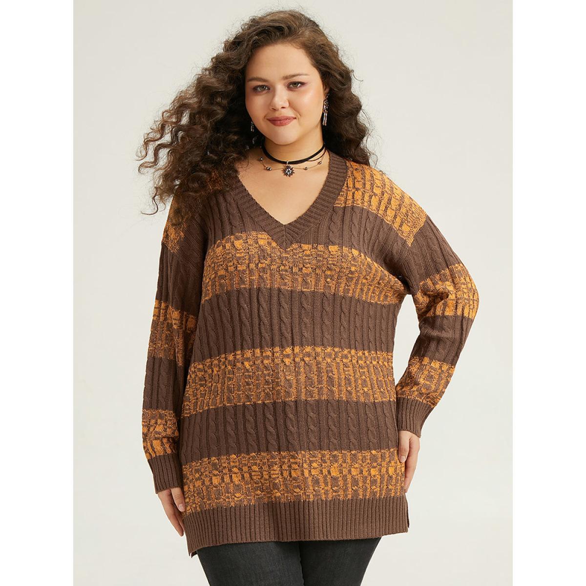 Plus Size Halloween Colorblock Plisse Split Side Pullover Bronze Women Casual Loose Long Sleeve V-neck Festival-Halloween Pullovers BloomChic 26/4X Product Image