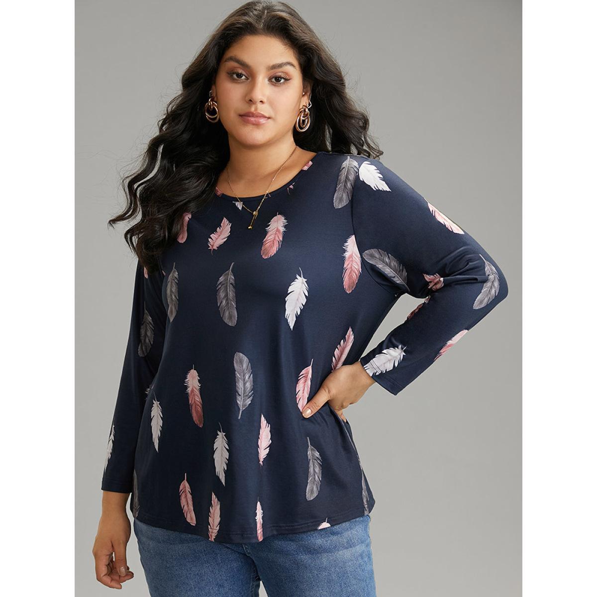 Plus Size Crew Neck Feather Print T-shirt Indigo Women Casual Printed Feather Round Neck Dailywear T-shirts BloomChic 28/5X Product Image