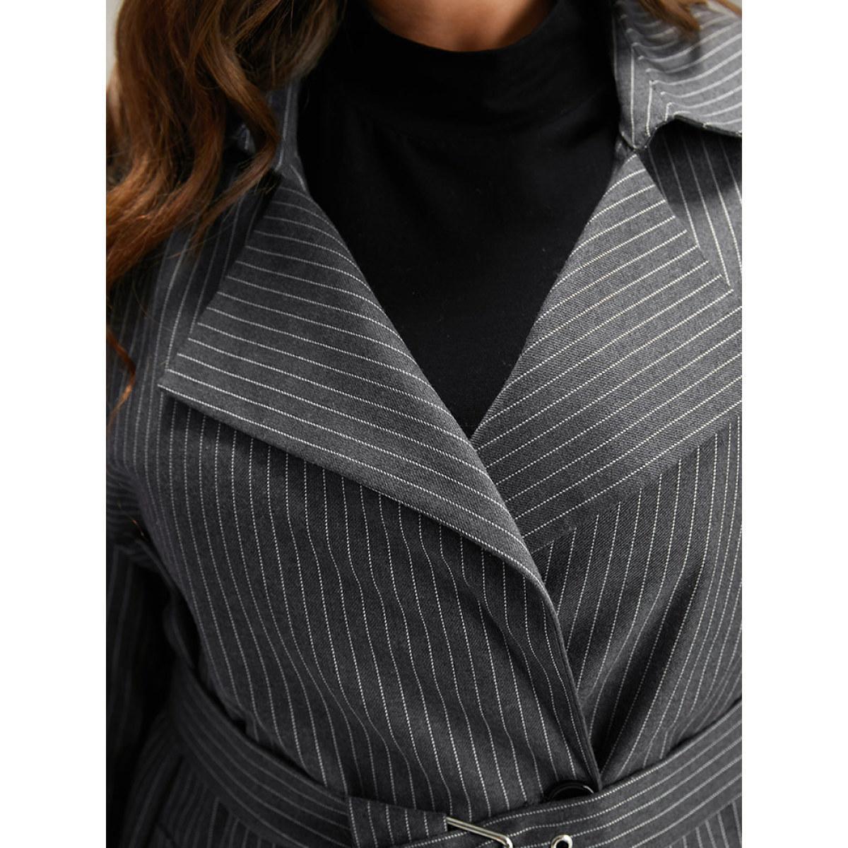 Plus Size Striped Belted Lapel Collar Tunic Coat Women DimGray Casual Belted Ladies Dailywear Winter Coats BloomChic 18-20/2X Product Image