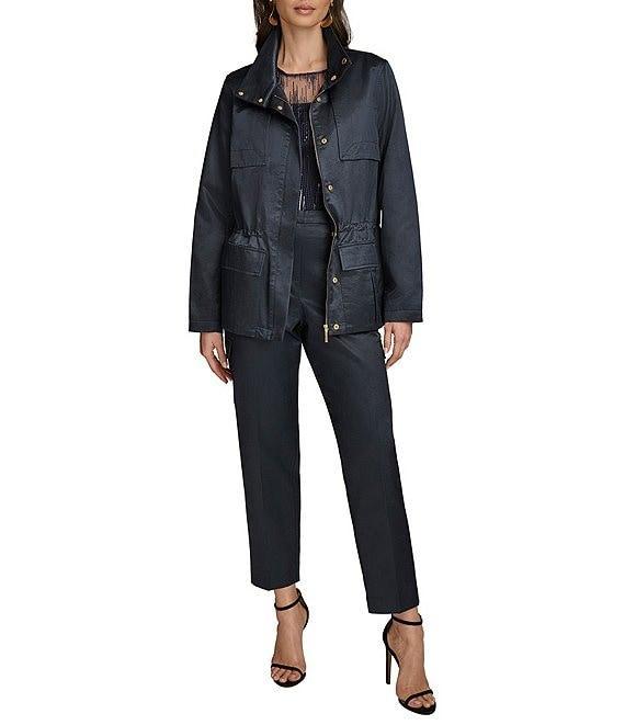 Donna Karan Satin Stand Collar Long Sleeve Cinched Waist Snap Front Short Trench Coat Product Image
