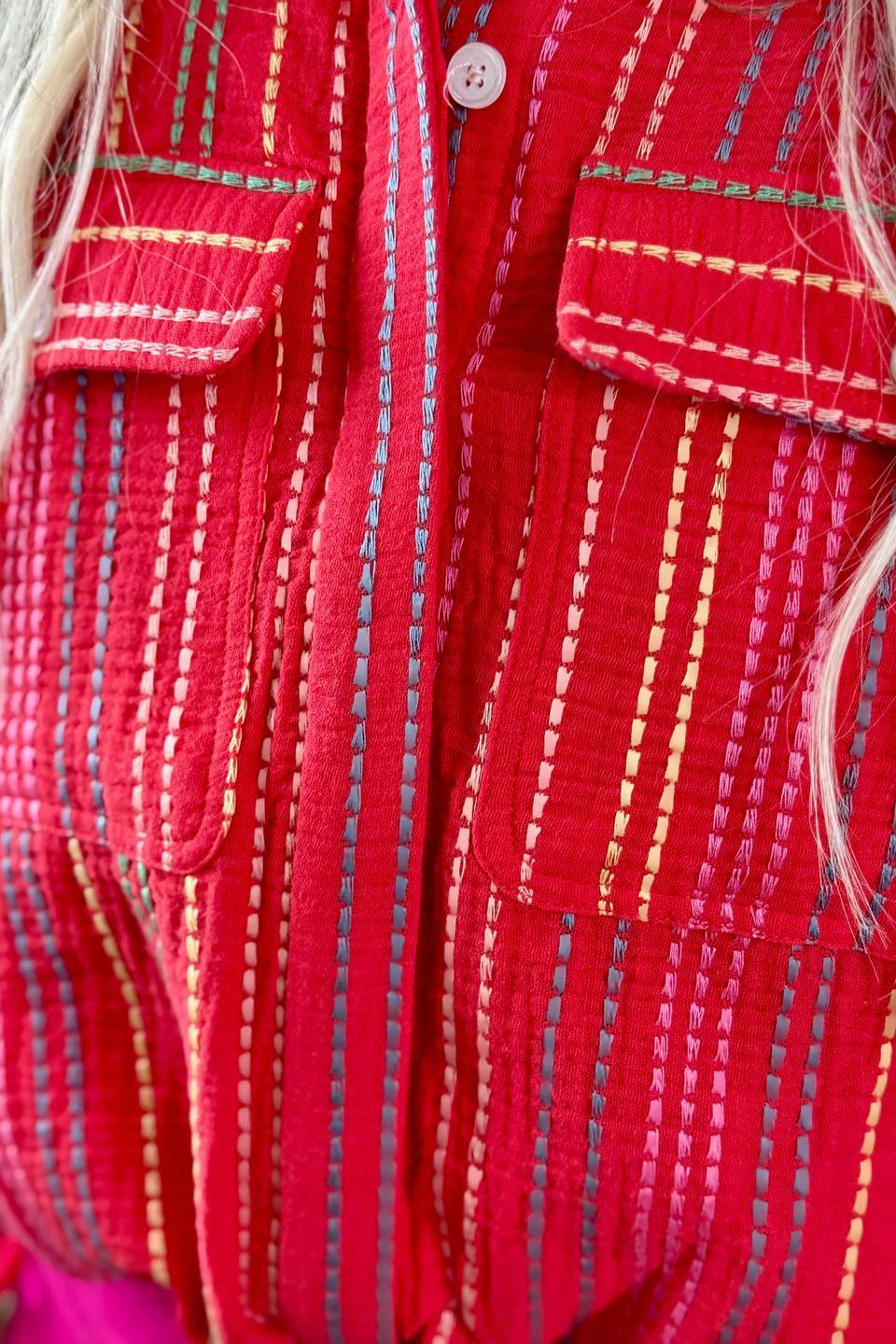 Embroidered Striped Red Top Product Image