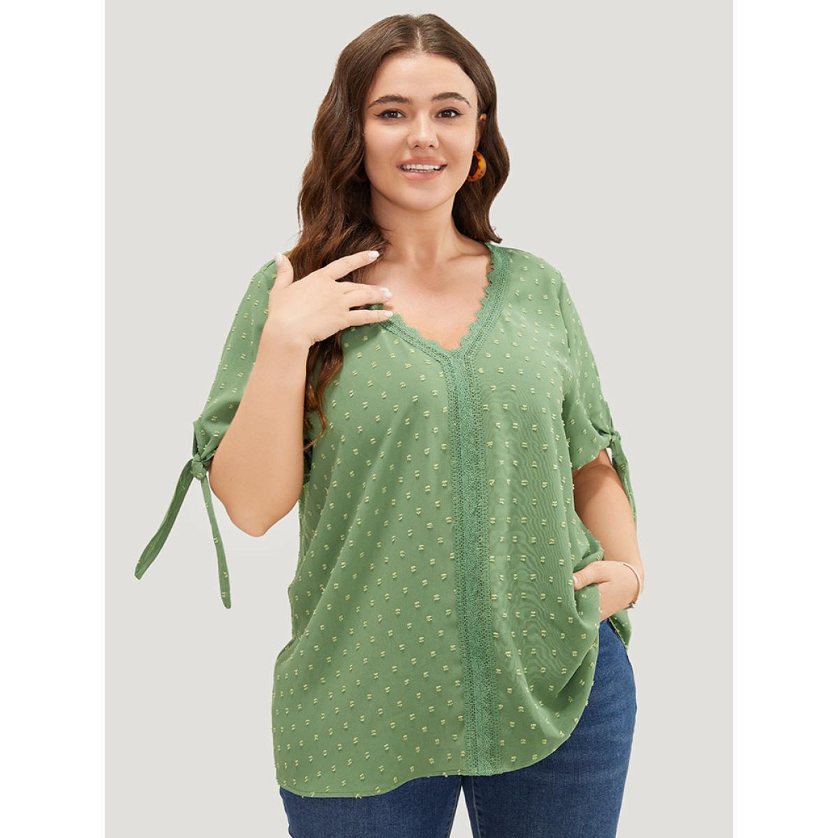 Plus Size Moss Polka Dot Knotted Sleeve Lace Blouse Women Elegant Short sleeve V-neck Dailywear Blouses BloomChic 28/5X Product Image