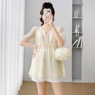 Maternity Puff-Sleeve V-Neck Plain Blouse / Shorts Product Image