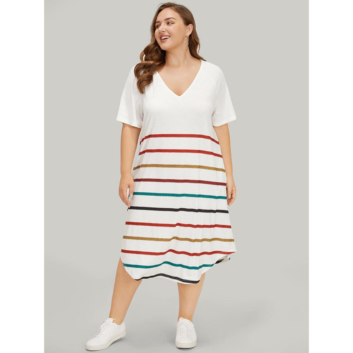 Plus Size Rainbow Striped Pocket Curved Hem Dress White Women Casual Contrast V-neck Short sleeve Curvy Midi Dress BloomChic 14-16/1X Product Image