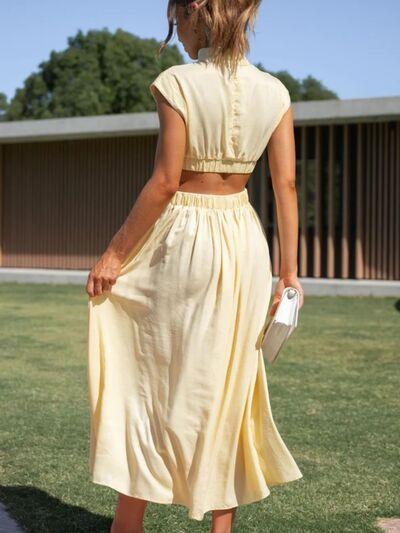 Cutout Mock Neck Sleeveless Ruched Dress Product Image