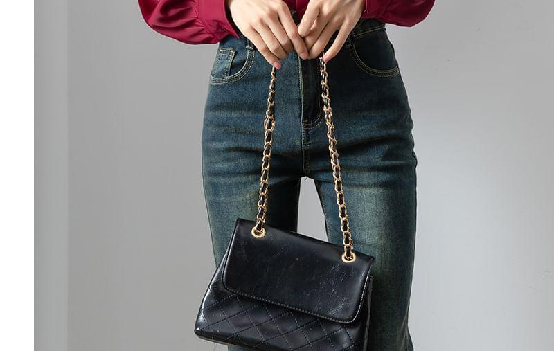 Long-Sleeve Tie-Neck Plain Button-Up Blouse Product Image