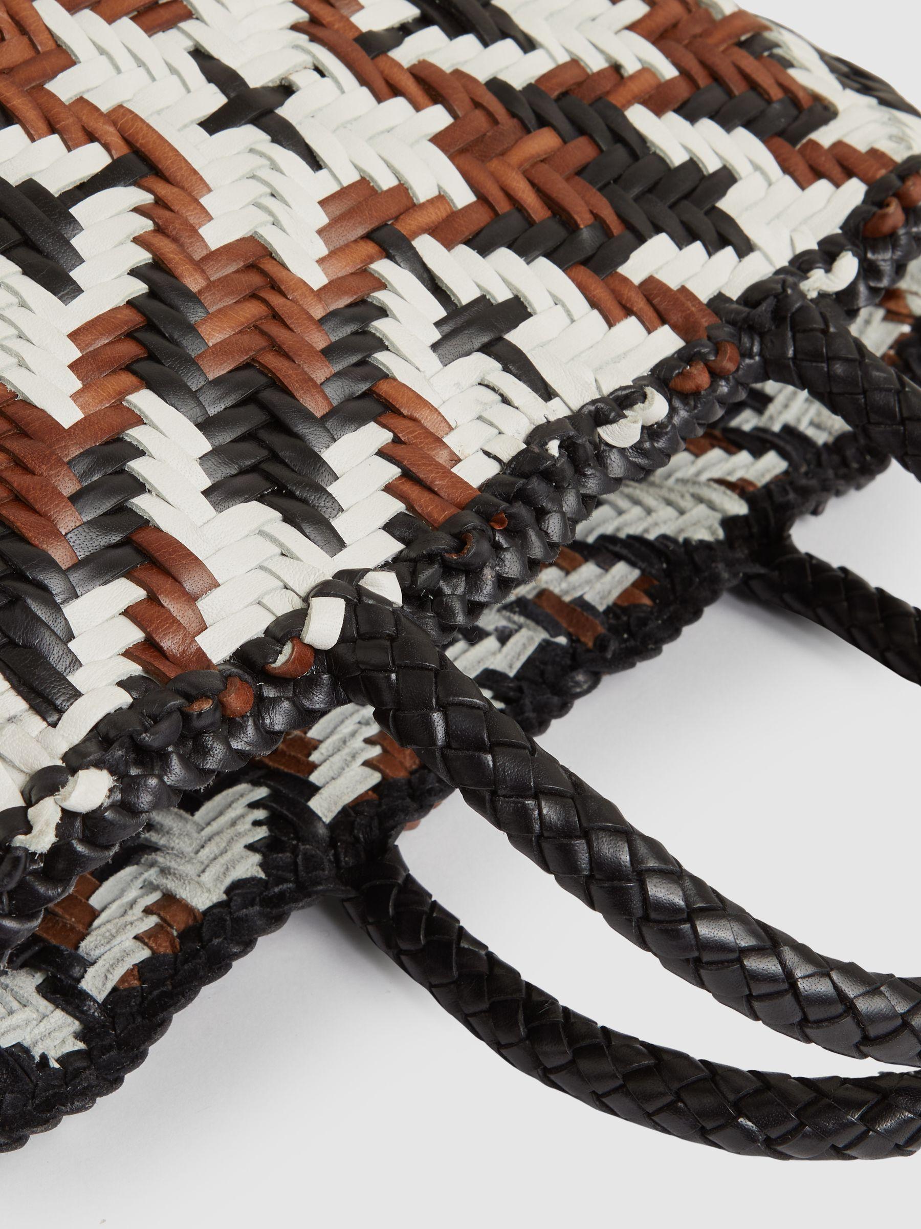 Small Leather Woven Tote Bag in Tan/White/Black Product Image