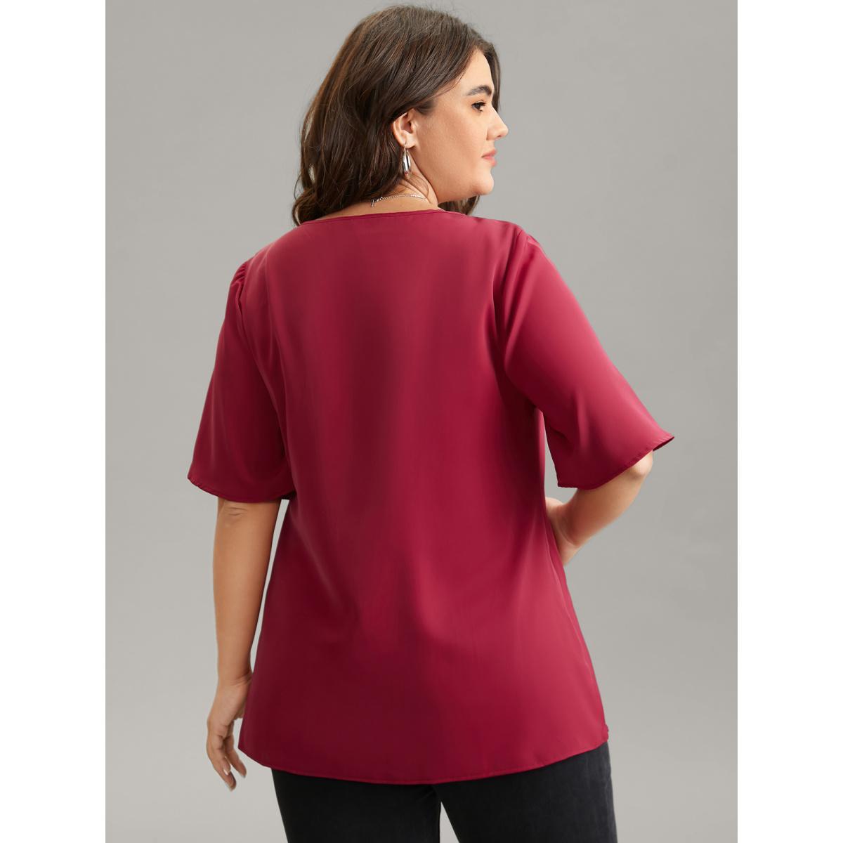 Plus Size RedViolet Solid Pleated Crew Neck Blouse Women Work From Home Short sleeve Round Neck Work Blouses BloomChic 10/M Product Image