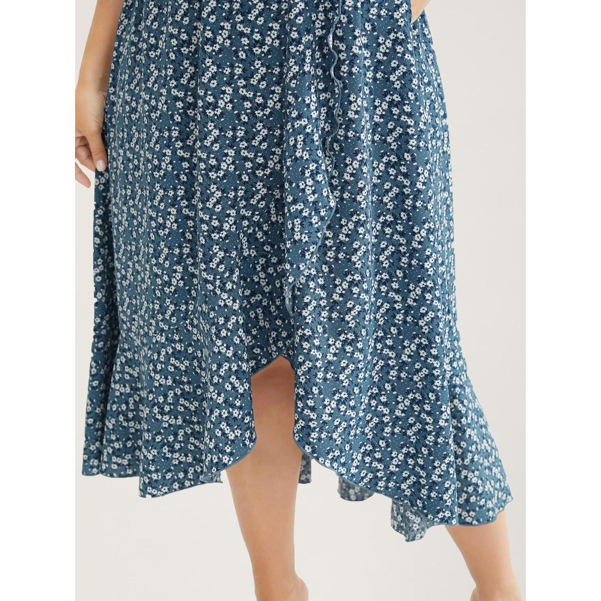 Plus Size Ditsy Floral Pocket Wrap Cold Shoulder Ruffle Dress Stone Women Elegant Non Overlap Collar Short sleeve Curvy Midi Dress BloomChic 10/M Product Image
