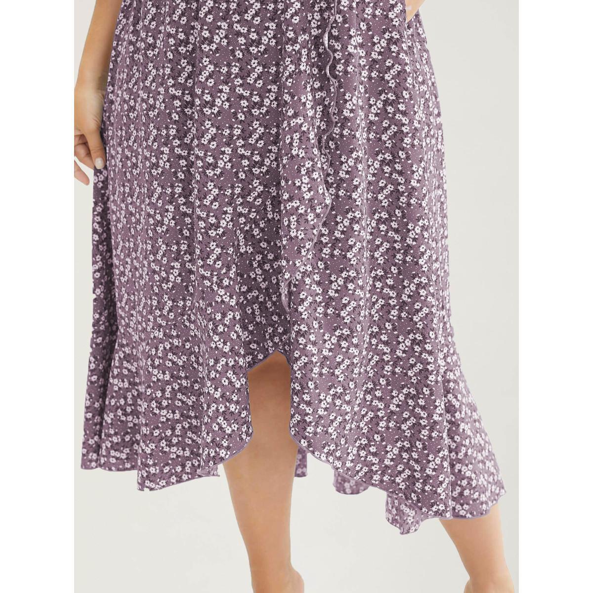 Plus Size Ditsy Floral Pocket Wrap Cold Shoulder Ruffle Dress Mauve Women Elegant Non Overlap Collar Short sleeve Curvy Midi Dress BloomChic 14-16/1X Product Image