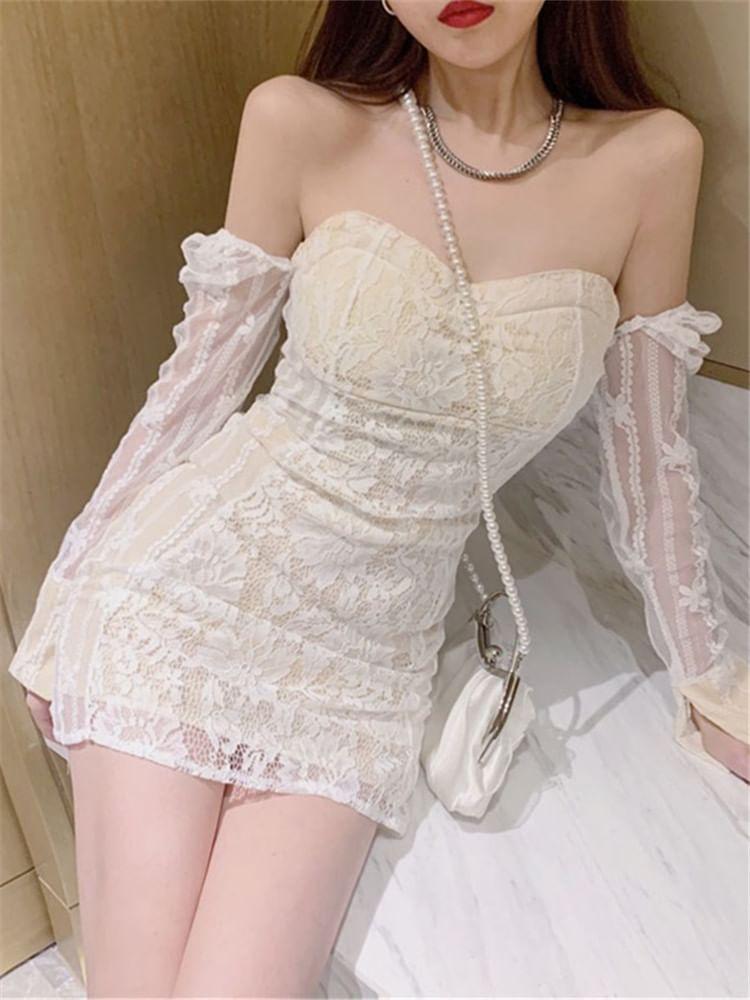 Long-Sleeve Off Shoulder Sweetheart Neckline Lace Mini Bodycon Dress Product Image