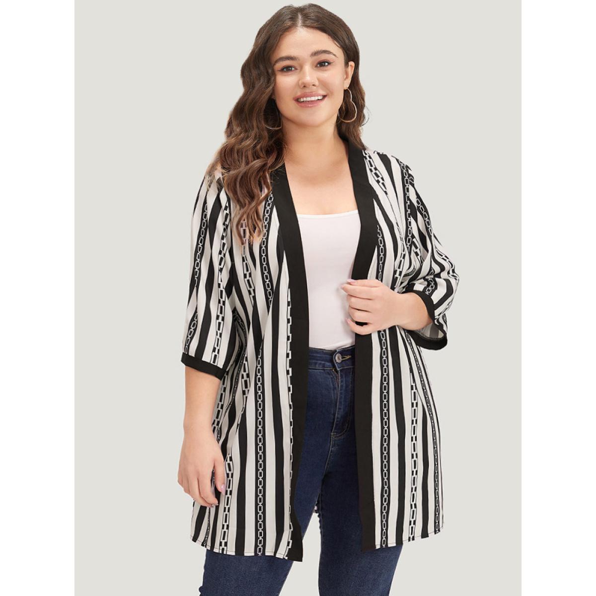 Plus Size Striped Patchwork Contrast Open Front Kimono Women Black Casual Contrast Loose Dailywear Kimonos BloomChic 30/6X Product Image