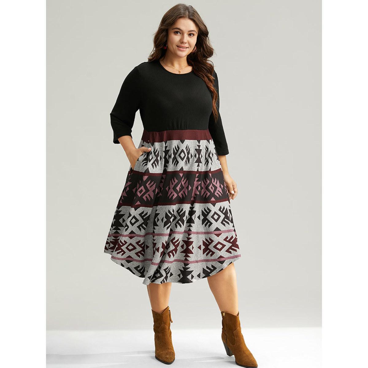Plus Size Christmas Geometric Contrast Curved Hem Dress Black Women Casual Printed Round Neck Elbow-length sleeve Curvy Midi Dress BloomChic 30/6X Product Image