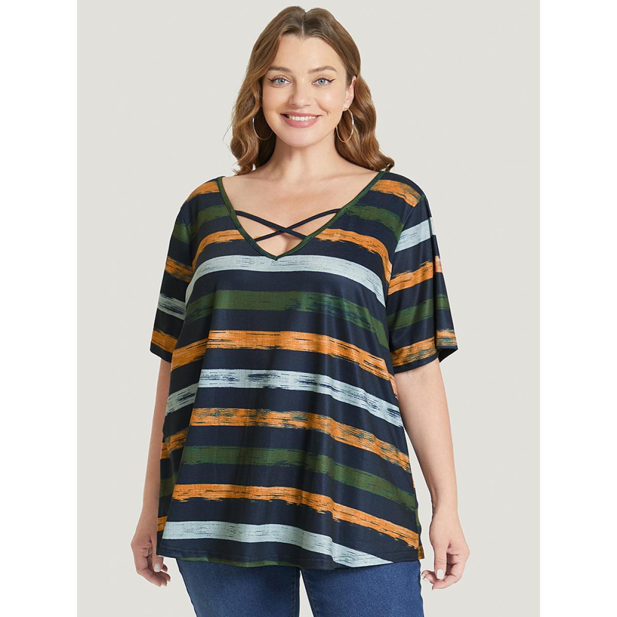 Plus Size Striped Contrast Crisscross Neck T-shirt Moss Women Casual Striped V-neck Dailywear T-shirts BloomChic 18-20/2X Product Image