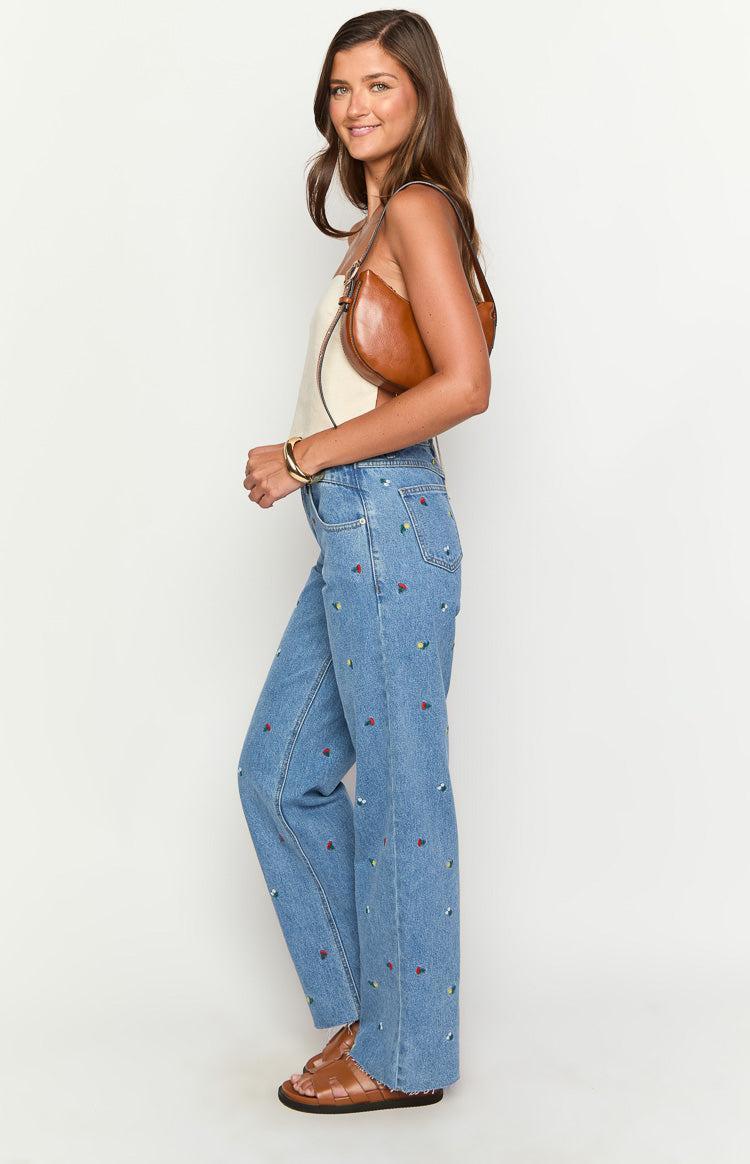 Kansis Blue Embroidered Uneven Waist Jeans Product Image