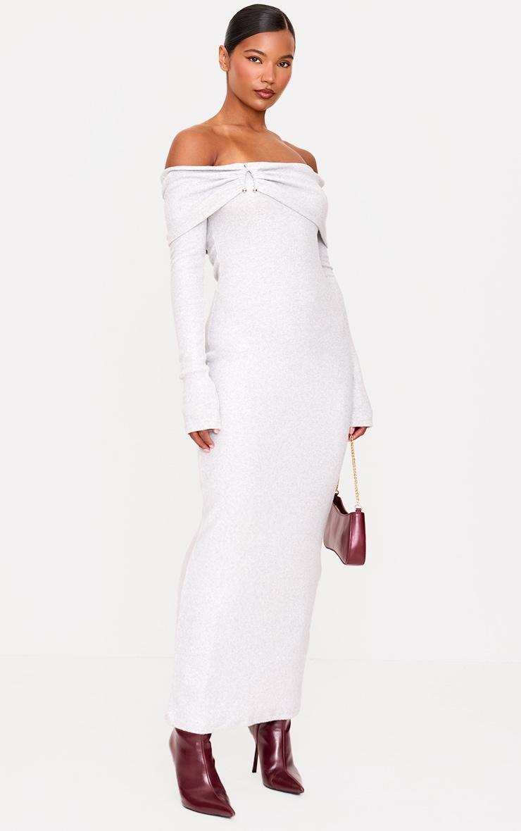 Ash Grey Heavy Brushed Rib Bardot Trim Maxi Dress Product Image